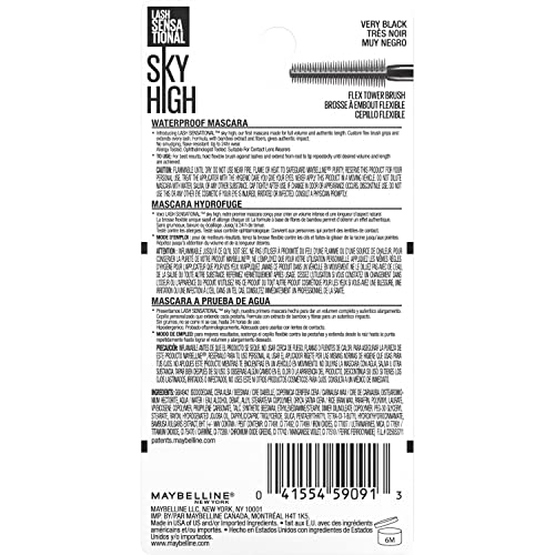 Maybelline New York Waterproof Mascara, Lengthening & Volumizing Mascara, With Bamboo Extract & Fibres, Lash Sensational Sky High, Very Black, 6ml (Pack of 2)