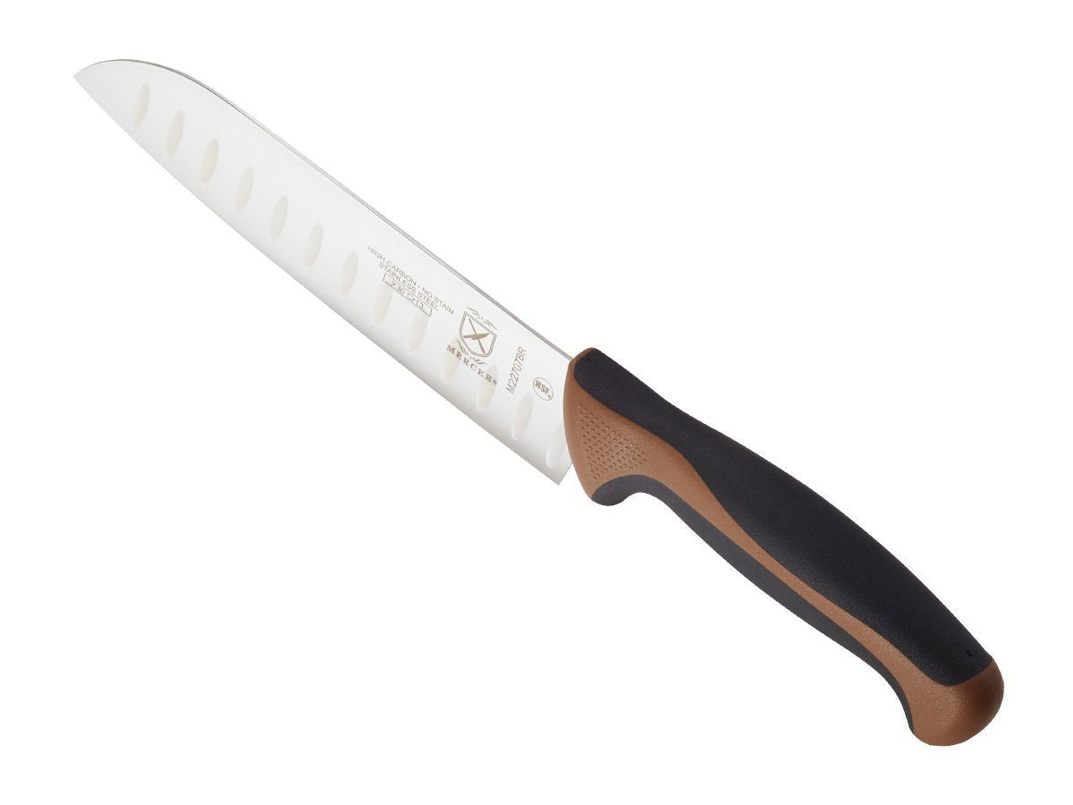 Mercer Culinary Brown Millennia Colors Handle, 7" Santoku Knife (Granton Edge) Granton Edge Santoku Knife 7" Santoku Knife (Granton Edge)