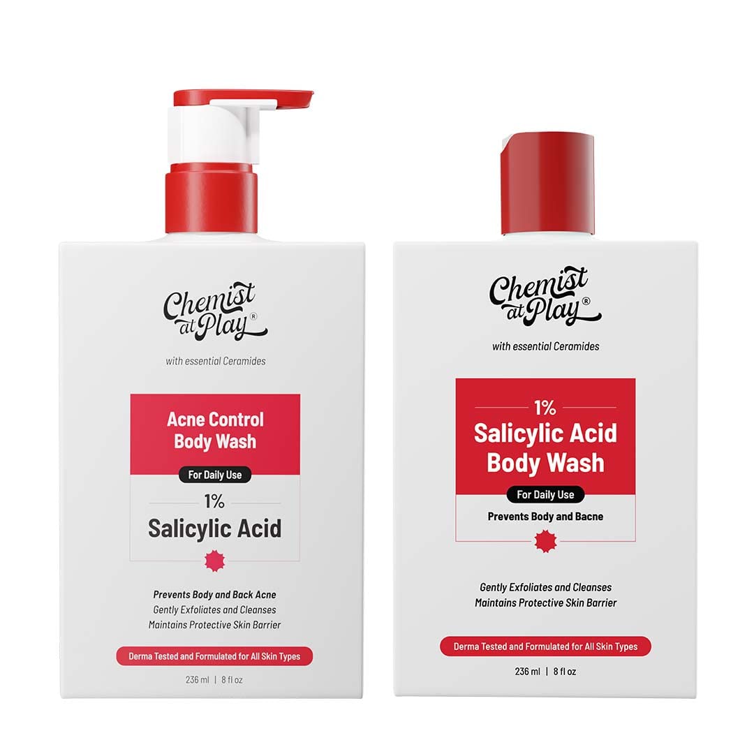 Chemist at Play 1% Salicylic Acid Body Wash 236ml + Loofah | Paraben & SLS Free | Gentle Exfoliating Shower Gel | Prevents Body Acne, Bumpy Skin & Deep Cleanses Skin | For Men & Women