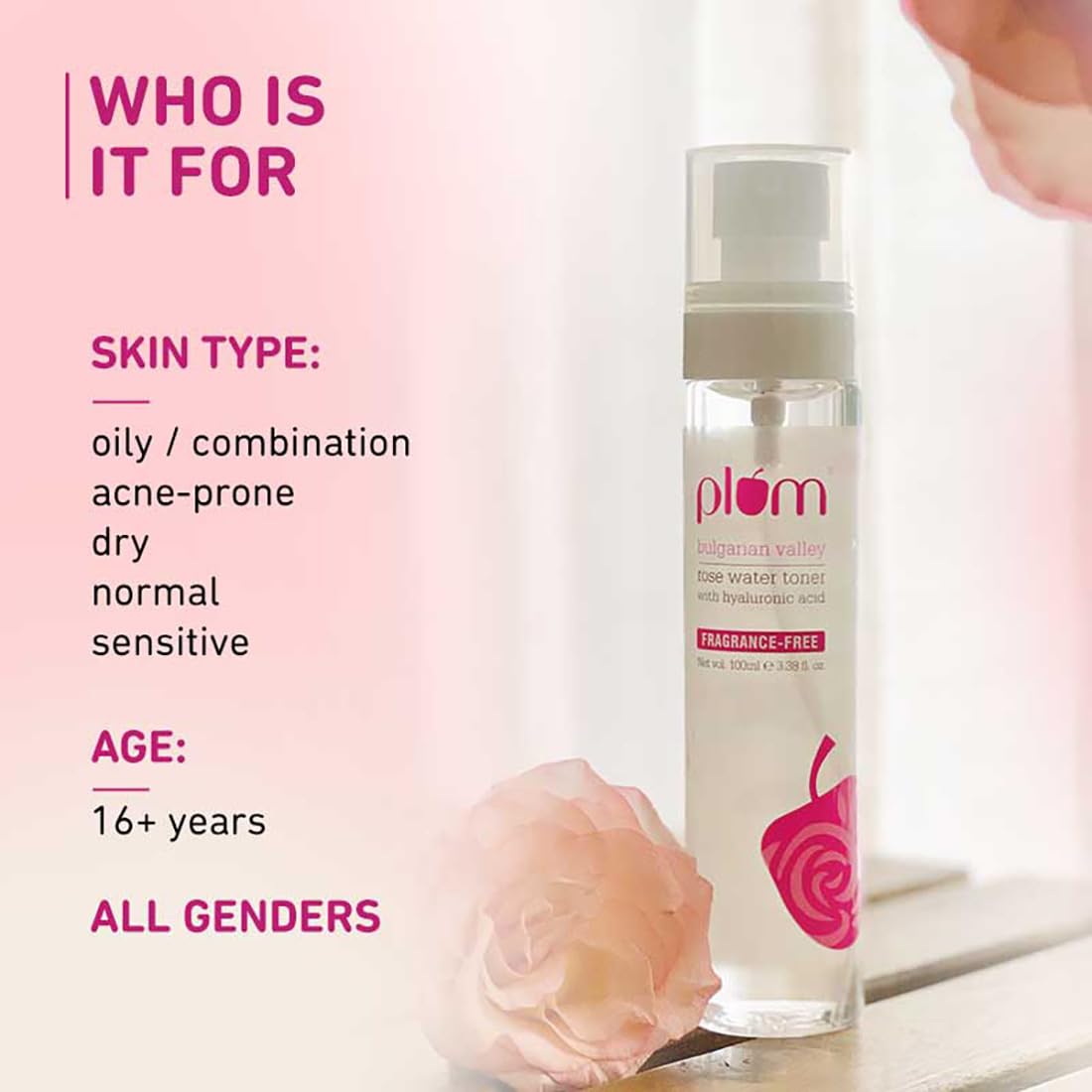 Plum Bulgarian Valley Rose Water Face Toner | for Oily Acne Prone Dry Combination Skin | with Hyaluronic Acid | Hydrating & Pores Tightening | Balances pH Levels | Alcohol-Free | Women & Men | 100ml
