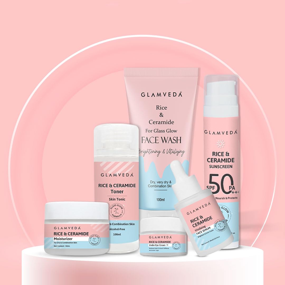 Glamveda Korean Rice & Ceramide 6 Step Daily Skincare Routine For Women with Gift Box | Face wash, Toner, Serum, Under eye cream, Moisturizer & Sunscreen