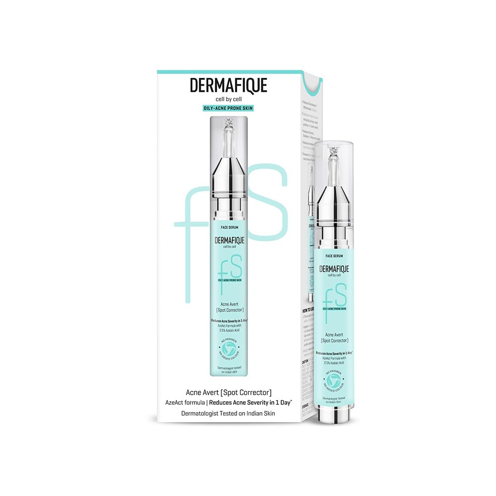 Dermafique Acne Avert Spot Corrector Face Serum with 2.5% Azelaic Acid, 15 ml, Serum for Oily - Acne Prone Skin, Dermatologist Tested on Indian Skin, Reduces Acne Severity in One Day*, For Women & Men