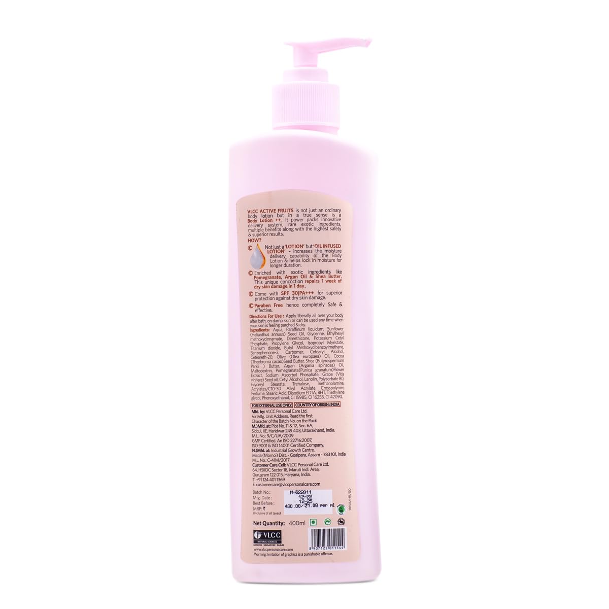 VLCC Active Fruits Damage Repair Body Lotion SPF 30 PA+++ - 400ml for Deep Conditioning, Dry Skin Repairing Body Lotion | With Pomegranate, Almond Oil & Shea Butter | UV Protection Body Lotion.