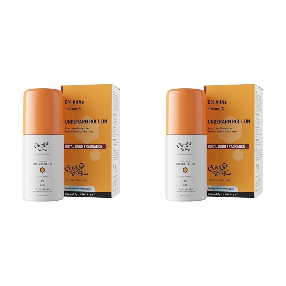 Chemist at Play UnderArm Roll-On with 5% AHA, Lactic Acid & 1% Mandelic Acid | Prevents Body Odour, Brightens Skin & Exfoliates Underarm | For Sensitive Skin | Royal Oudh Fragrance | Alcohol Free-40ml