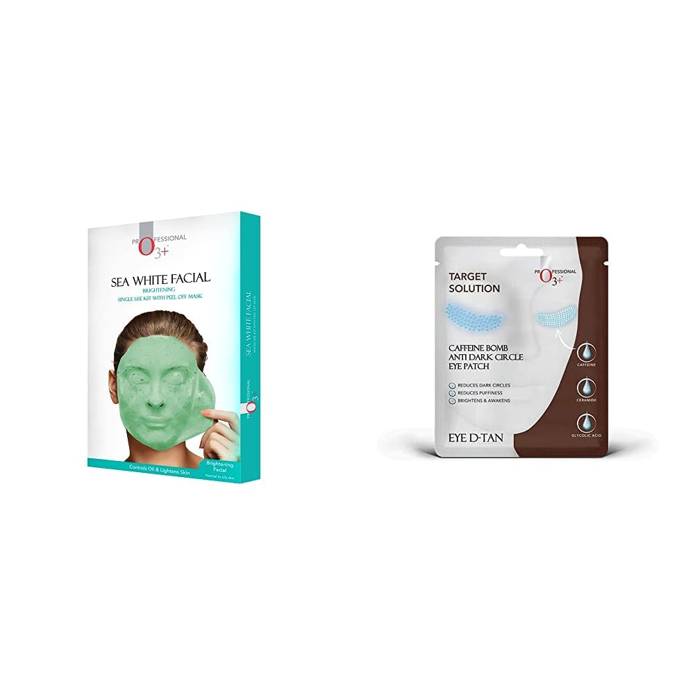O3+ Sea White Brightening Facial Kit With Peel Off Mask Suitable (45g, Single Use Facial Kit) & O3+ Caffeine Bomb Anti Dark Circle Eye Patch & Eye D Tan (single use only) 5G Combo