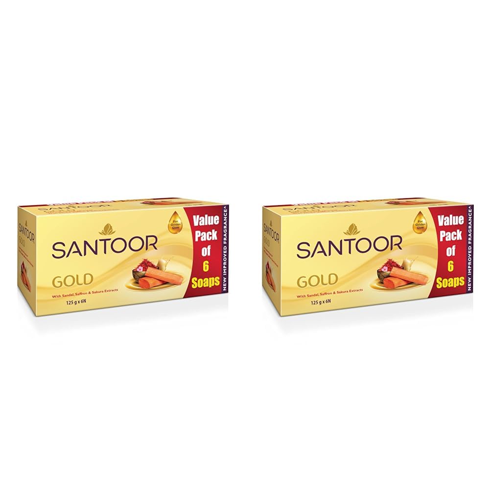 Santoor Gold Bathing Bar Soap with Kashmiri Saffron, Sandal & Sakura Extracts for Soft & Younger-Looking Skin| Gentle & Rich Lathering Formula with Refreshing Fragrance| For All Skin Types| 125g, Pack of 12