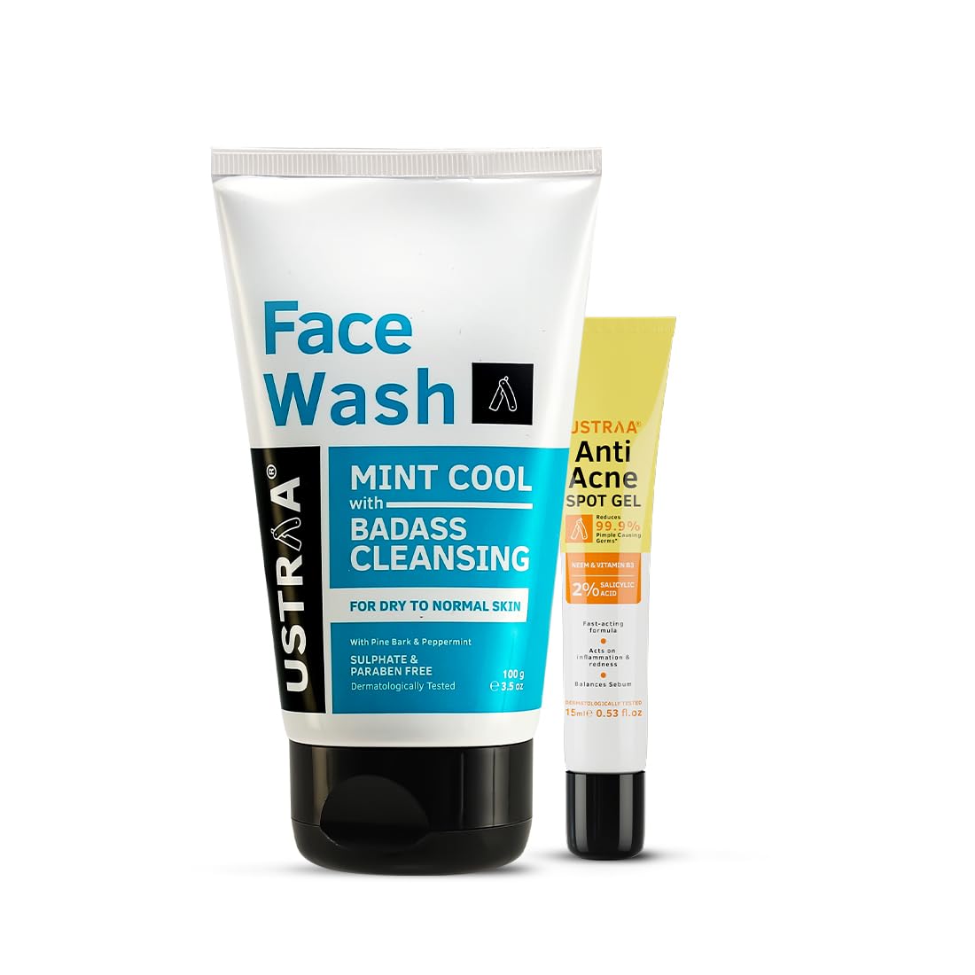 Ustraa Face Wash - Mint Cool - Dry Skin - 100g | Reduces Moisture Loss | Removes Dirt & Anti Acne Spot Gel - 15ml | Reduces 99.9% Pimple-Causing Germs, With 2% Salicylic Acid, Neem & Vitamin B3
