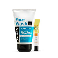 Ustraa Face Wash - Mint Cool - Dry Skin - 100g | Reduces Moisture Loss | Removes Dirt & Anti Acne Spot Gel - 15ml | Reduces 99.9% Pimple-Causing Germs, With 2% Salicylic Acid, Neem & Vitamin B3
