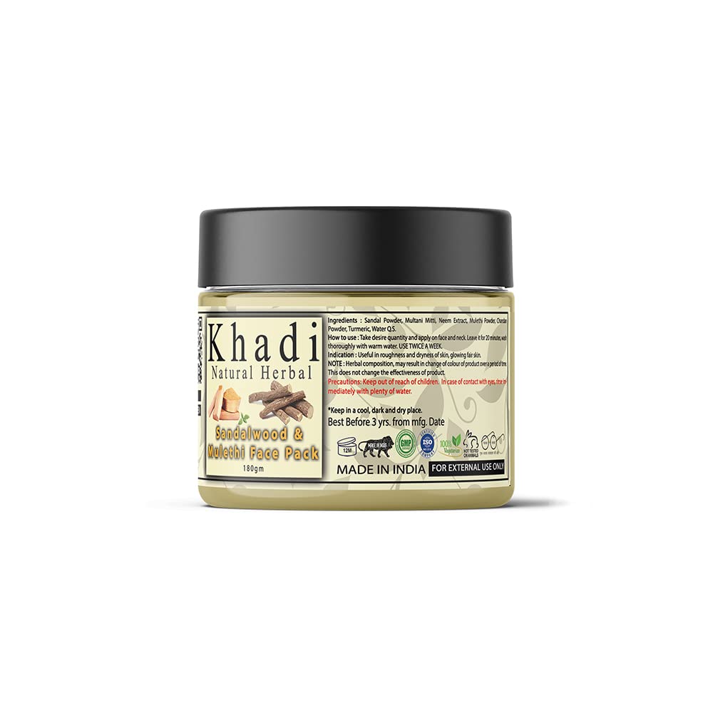 Khadi Natural Herbal Sandalwood Face Pack For Skin Brightening 180gm Pack | Enriched With 100% Natural Pure Sandalwood Powder & Mulethi For Skin Glowing | Reduce Acne & Control Excess Oil Suitable For All Skin Types | Sls & Parben Free Face Pack
