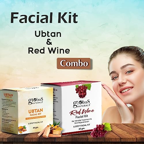 Globus Naturals Facial Kit Combo-Skin Lightening Ubtan & Wrinkle Control Red Wine Facial Kit, For All Skin Types