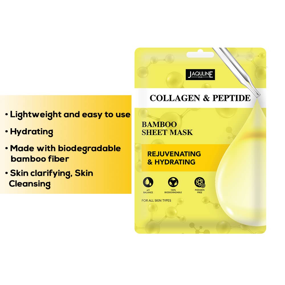 Jaquline USA Collagen & Peptide Sheet Mask|Zero Paraben And Sulphate|Biodegradable Ber Masks| Light-Weight| Hydrating And Skin Firming, 1 Count
