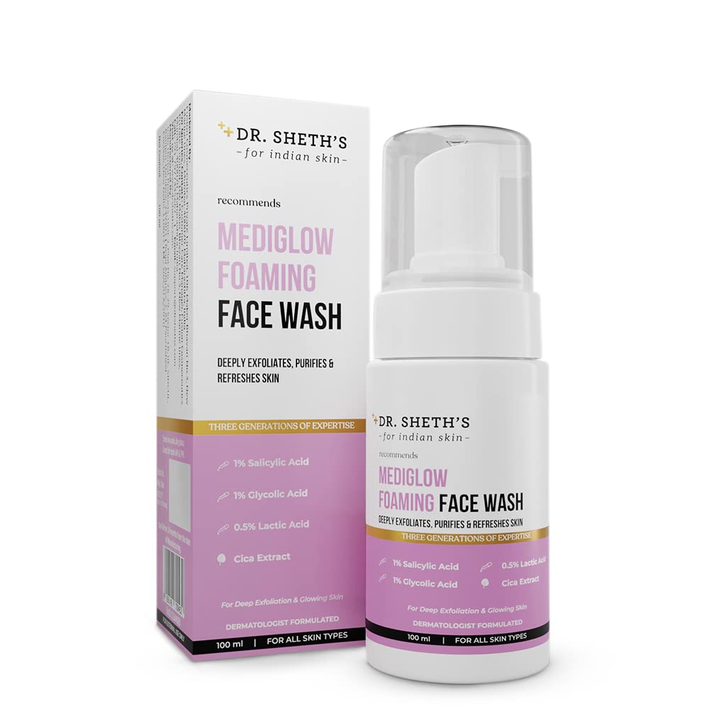 Dr. Sheth's Mediglow AHA-BHA Foaming Face Wash For Glowing Skin | Deeply Cleanses, Exfoliates & Unclogs Pores | With 1% Salicylic Acid, 0.5% Lactic Acid | For All Skin Types | For Women & Men | 100 mL