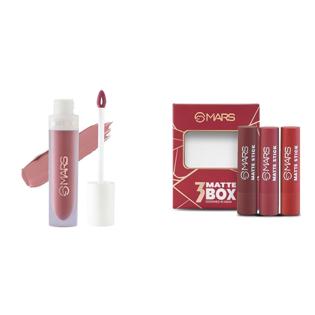 MARS Matte Liquid Lip Color | Long Lasting | Non-Transfer & Waterproof Lipstick for Women (4.5 ml) (03-Blow a Kiss) Matte Box Set of 3 Lipsticks for Women (3x3.2 gm) (01-Red & Maroon)