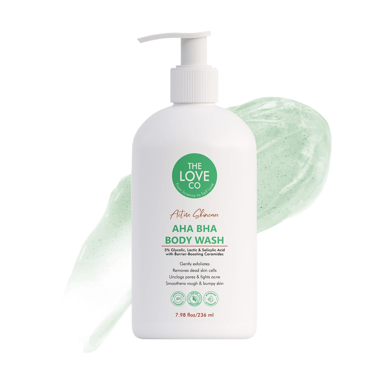 THE LOVE CO. AHA BHA Body Wash | 5% Glycolic, Lactic & Salicylic Acid | Gently Exfoliates, Fights Acne & Unclogs Pores | With Barrier-Boosting Ceramides | Sulphate-Free | Unisex | 236ml
