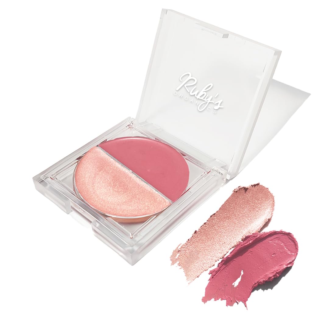 Ruby's Organics Cream Blush for Cheeks & Highlighter Duo Palette- Blusher for Face Makeup, Lightweight Flawless All Day Glow, All Skin Types, Natural &Paraben Free (Deep Rose + Illuminate) 9g
