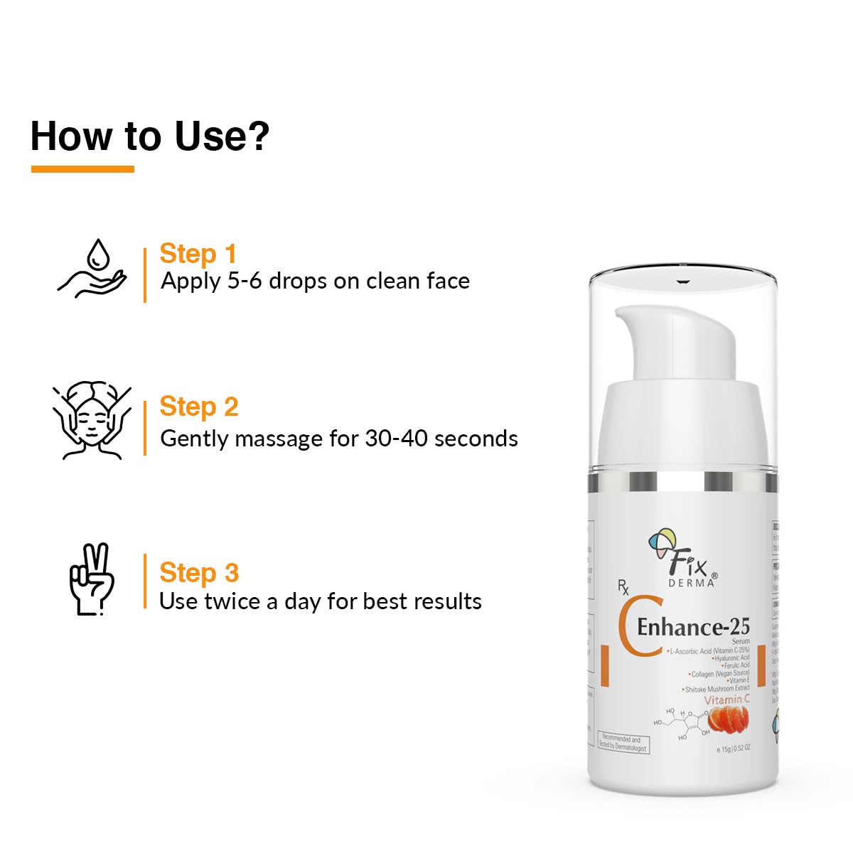 Fixderma 25% Vitamin C Serum for Face, C" Enhance for Glowing Skin, Anti Aging Face Serum for Unisex Reduces Fine Lines, Wrinkles & Age Spots, Skin Brightening & Lightening for Face, 15ml
