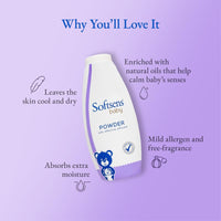 Softsens Baby Powder|Enriched with Patchouli & Olive|Soothes & Moisturises Baby’s Skin|Mild,Dermatologically Tested,Hypoallergenic & Paraben-Free|400g (Pack of 2)