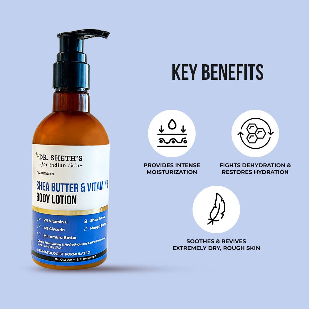 Dr. Sheth's Shea Butter & Vitamin E Body Lotion | pH Balancing Moisturizer for Deep Nourishment & Hydration | For Dry Skin | For Men & Women | 200ml