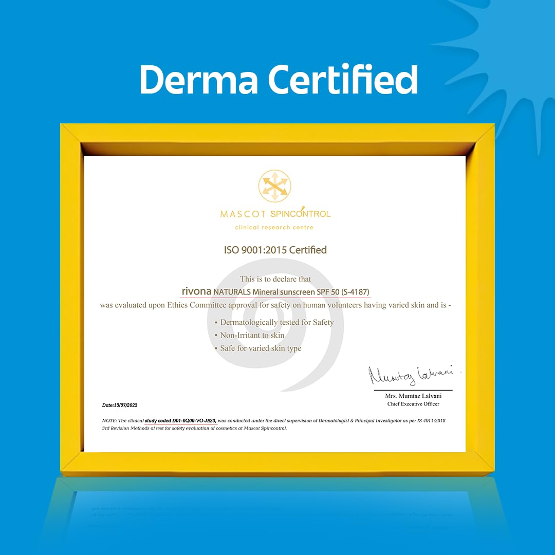 Rivona Naturals Mineral Sunscreen Spf 50 PA +++ for Acne-prone skin| UVA & UVB filters| No White Cast| Non-Oily, Non-Sticky & Water resistant| For dry, oily and sensitive skin| 100 gm