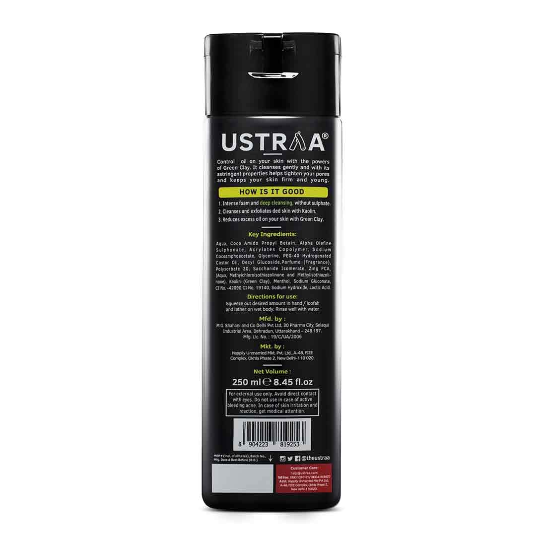 Ustraa Body Wash-Green Clay - 2 x 250 ml - Intense Oil Control - Removes Excess Oil, No post-shower Dryness, Intense Foaming without Sulphates (Set of 2)