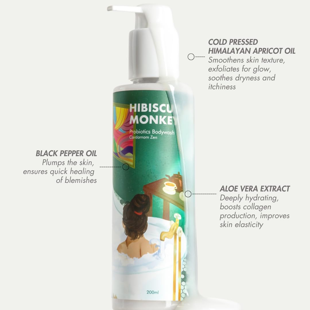 HIBISCUS MONKEY Probiotics Body Wash|100% Plant Derived|Sensitive Skin Friendly, Dermatologist Tested, Ph Balanced|Artificial Fragrance Free, No Synthetic Surfactants, No Sles/Sls, Paraben Free|200Ml