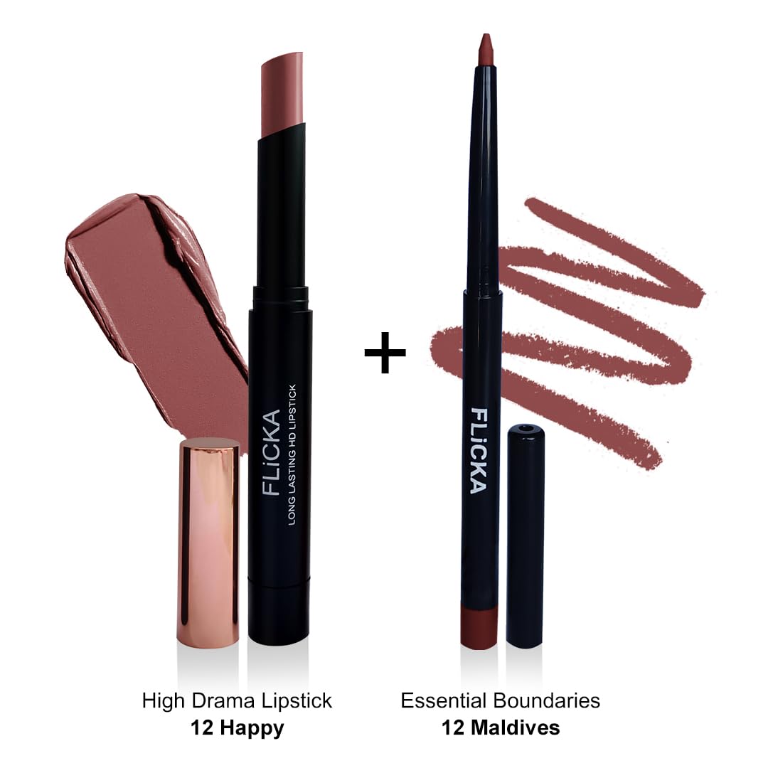 FLiCKA High Drama Matte Lipstick Happy & Lip Liner Maldives Combo | 12