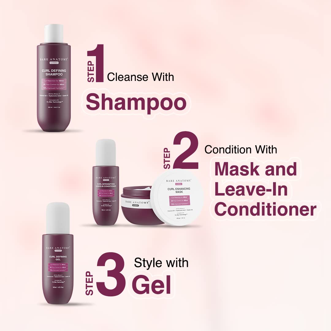Bare Anatomy Curl Defining Gel | For Well Defined Shiny Curls | Curl Retention & 2X Frizz Protection For 48 Hours | Coconut Oil, Hyaluronic Acid & Castor Oil | Sulphate & Paraben Free | 140 ml