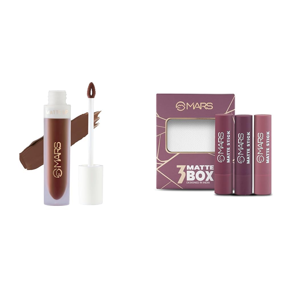 MARS Matte Liquid Lip Color | Long Lasting | Non-Transfer & Waterproof Lipstick for Women (4.5 ml) (01-Spice Brown) Matte Box Set of 3 Lipsticks for Women |(3x3.2 gm) (03-Plum)