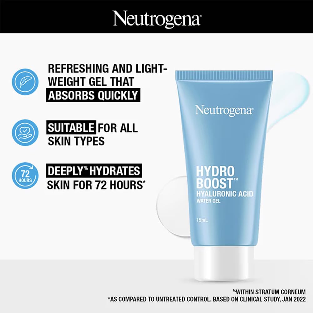 Neutrogena Hydro Boost Hyaluronic Acid Face Moisturizer 15ml | 24 hours long lasting Hydration | Oil free non sticky light water gel fast absorbing| Daily use | All Skin Types | For Men & Women 15g