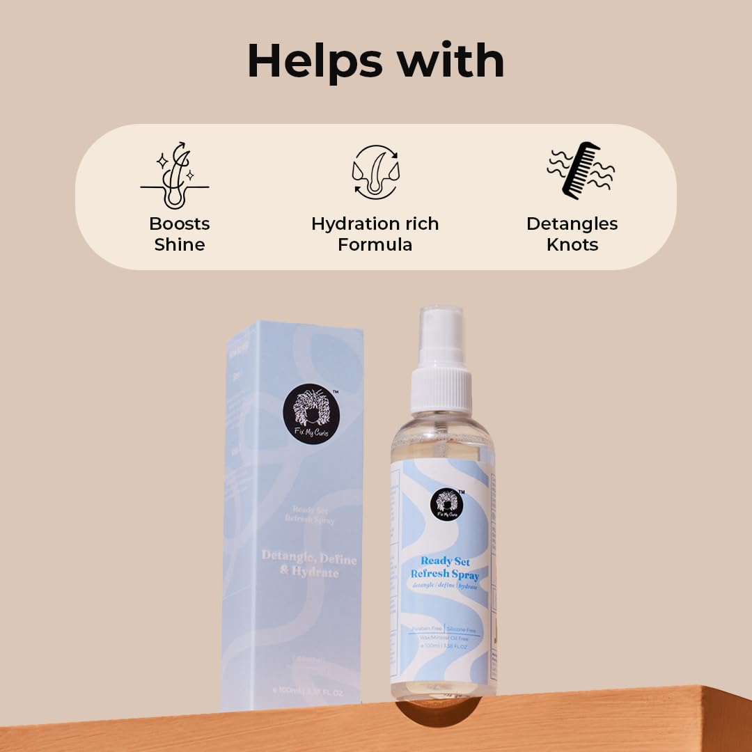 Fix My Curls Hair Defining Refresh Spray For Wavy, Curly, Low-Density, Fine Hair| Silicone-Free & Alcohol-Free| Hydrating Hair Spray with Aloe Vera| Anti Frizz, Hair Detangling Spray (100ml)
