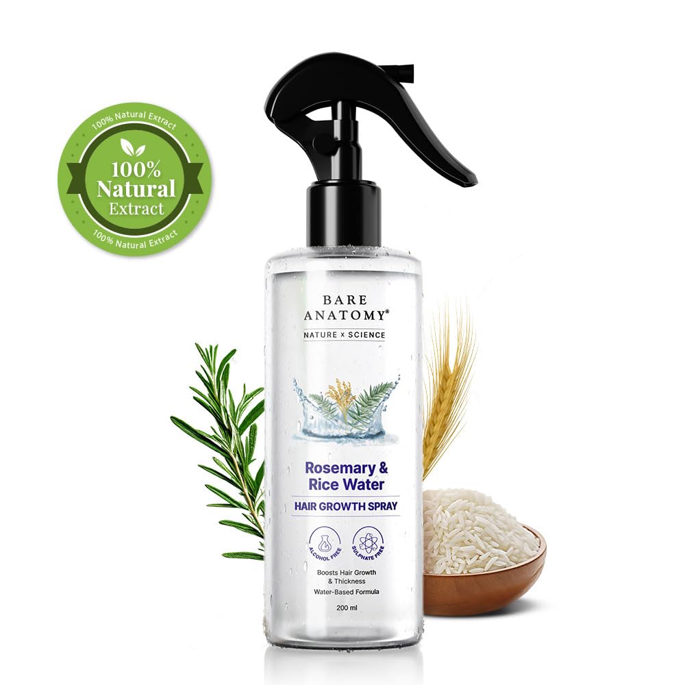 Bare Anatomy Nature x Science Rosemary Water Spray for Hair Growth & Hair Thickness with Rice Water |100% Natural Extract | Soft & Smooth Hair | Controls Hairfall & Adds Shine | Non-Greasy & Fast Absorbing | 200 ml