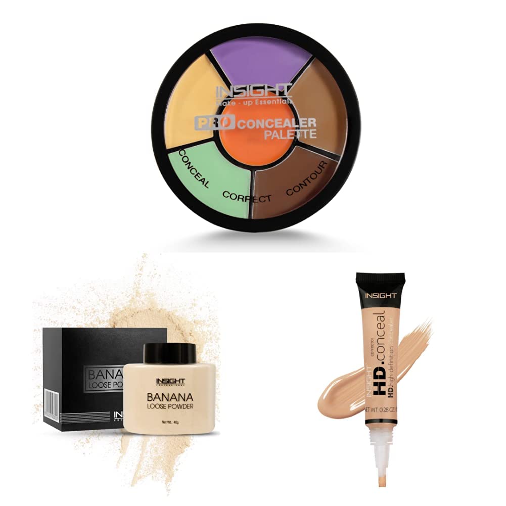 INSIGHT Cosmetics Pro Matte, Natural Full Concealer Palette - Corrector,All Skin Type 15Gm & Cosmetics banana Powder (Banana) & Pro Concealer, Golden Sand Cream-04, 3 count