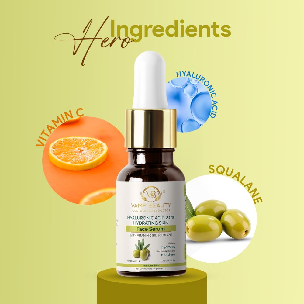 Vamp Beauty Hydrating Face Serum | with 5% Vitamin C, 2% Hyaluronic Acid & Squalane | Lightweight & Fast Absorbing | Anti-Wrinkle Moisturizer for Dry, Rough Skin | 15ml