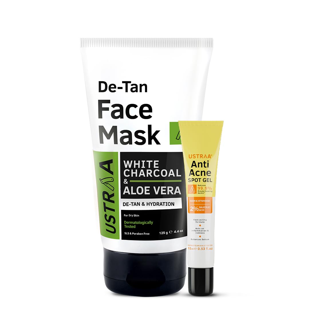 Ustraa De-Tan Face Mask Dry Skin - 125g - Wash-off mask | with White Charcoal | Effective Tan Removal & Anti Acne Spot Gel - 15ml | Reduces 99.9% Pimple-Causing Germs | With Neem & 2% Salicylic Acid