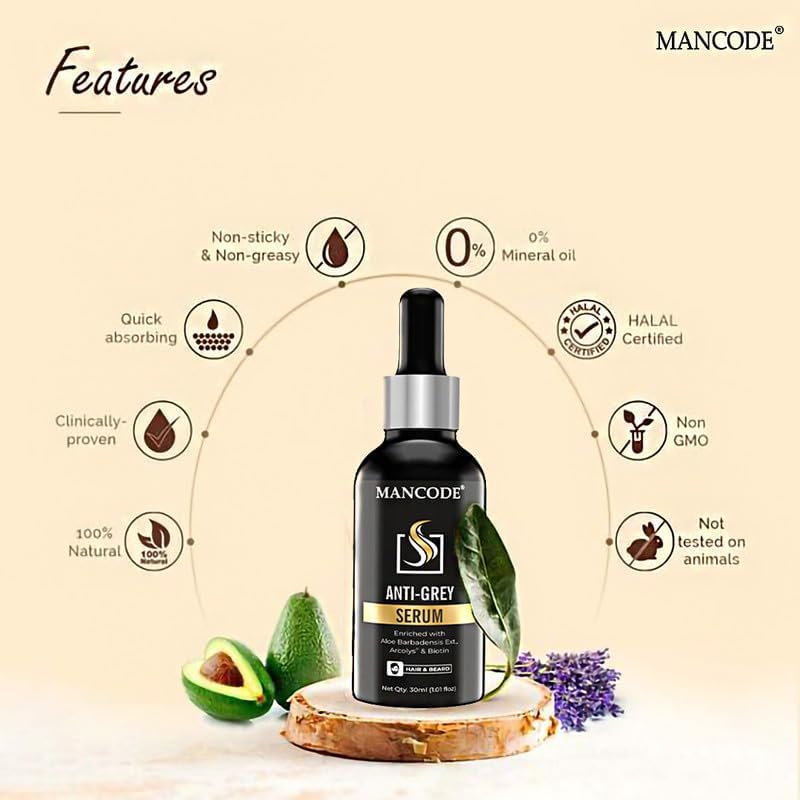 Mancode Anti Grey Serum | Restore Natural Black Color of Grey White Hair & Beard | Delay & Reverse Grays | Strengthen Hair Roots | Toxin Free | For All Hair Types - 30ml