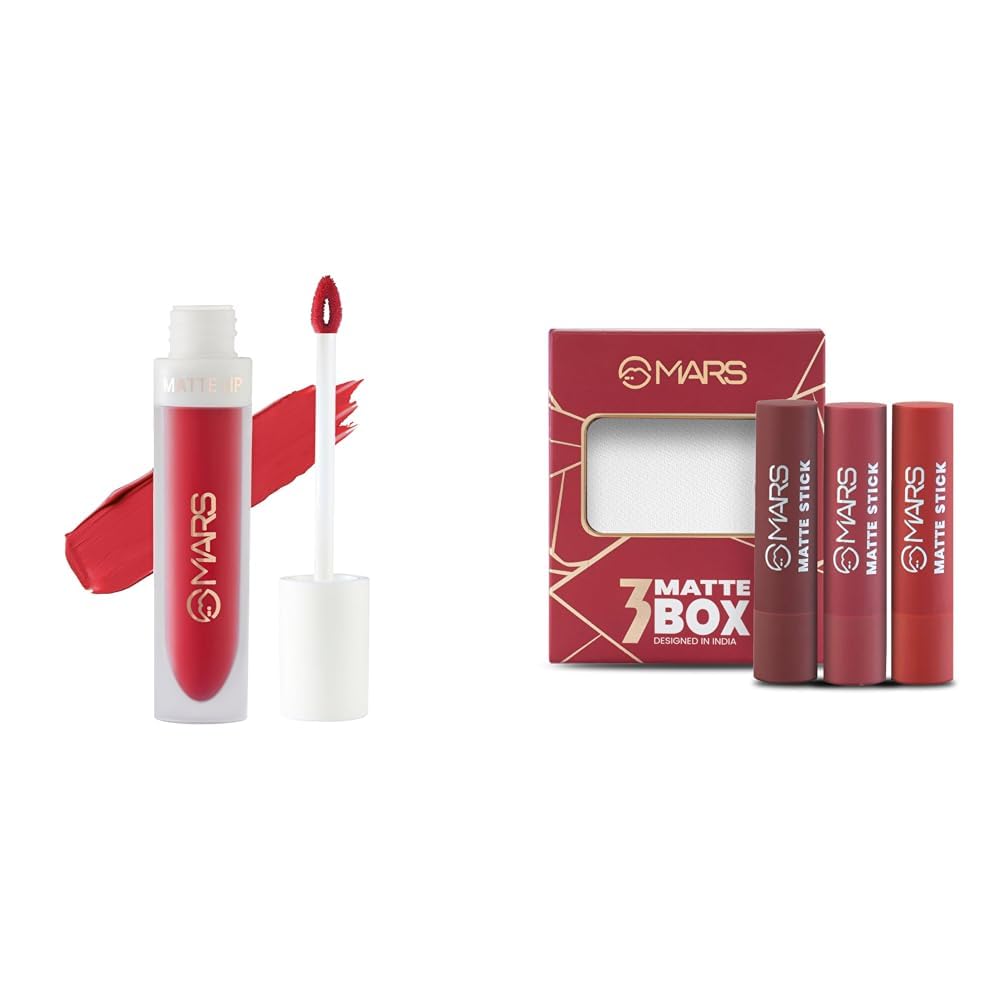 MARS Matte Liquid Lip Color | Long Lasting | Non-Transfer & Waterproof Lipstick for Women (4.5 ml) (21-Red Luck) Matte Box Set of 3 Lipsticks for Women (3x3.2 gm) (01-Red & Maroon)