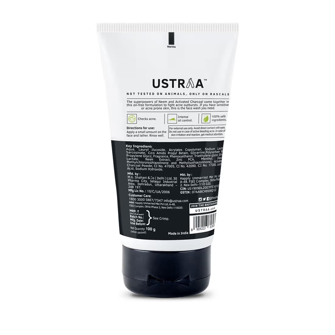 Ustraa Face Wash Acne Control - With Neem & Charcoal - 100g - Oil control, Prevents Acne & Moisturising Cream - Oily Skin - 100g | Quick Absorption | with Shea Butter