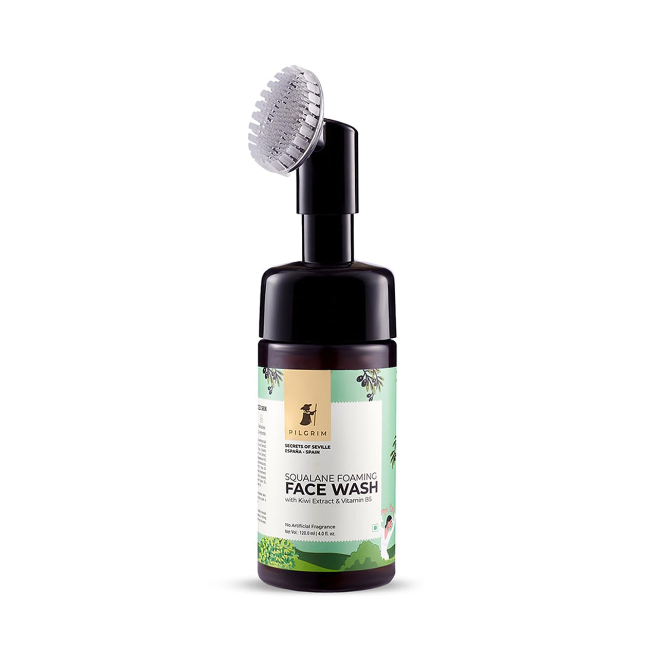 Pilgrim Spanish Squalane foaming face wash with Kiwi extracts & Aloe for skin hydration|Face wash with brush|Non drying cleanser for face | Face wash for dry & combination skin|For Men & Women | 120ml