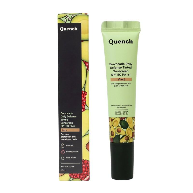 Quench Daily Defense Tinted Sunscreen SPF 50 PA+++ For Glowing Skin With Avocado & 2% Niacinamide | Blue Light Protection | Satin-Matte Finish | Made In Korea, Normal Skin (Deep, 15Ml)