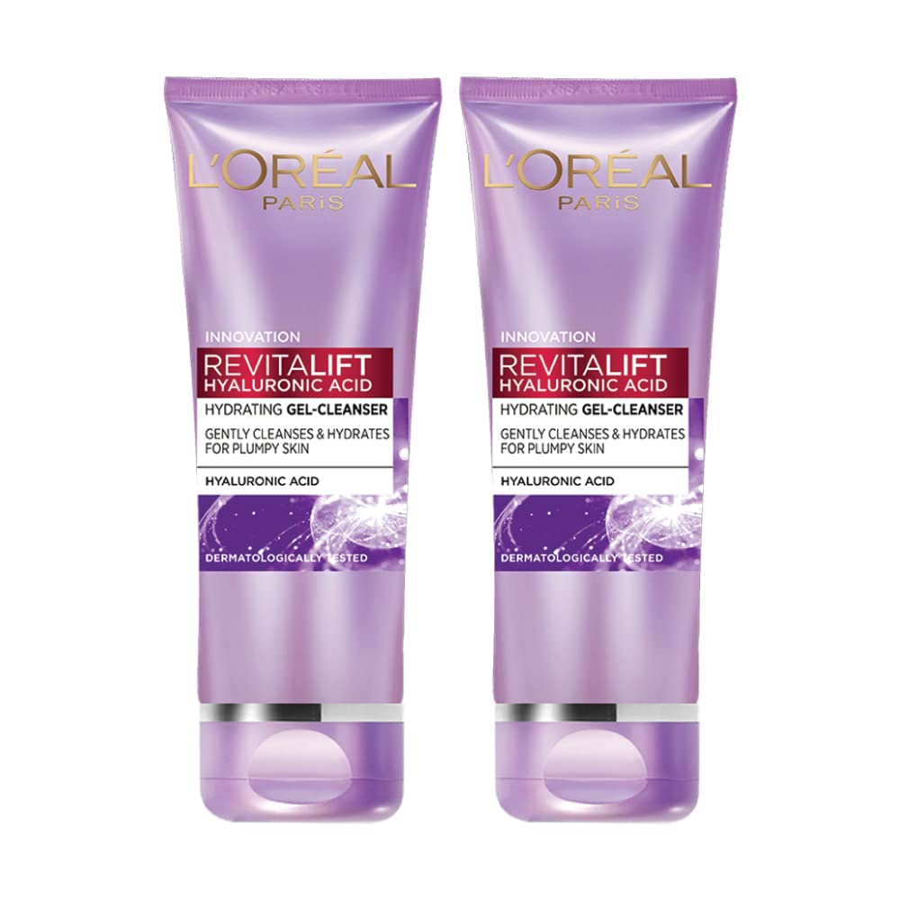L’Oréal Paris Hydrating Gel Cleanser, Gentle facewash, Cleanses Impurities & Makeup Residue, Revitalift Hyaluronic Acid, Pack of 2, 2x100ml