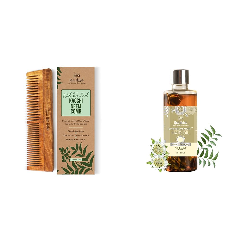 Nat Habit Comb Combo Dual Tooth Neem Comb and Neem Bhringraj Summer Hair Oil, 200ml For Dandruff & Hair fall