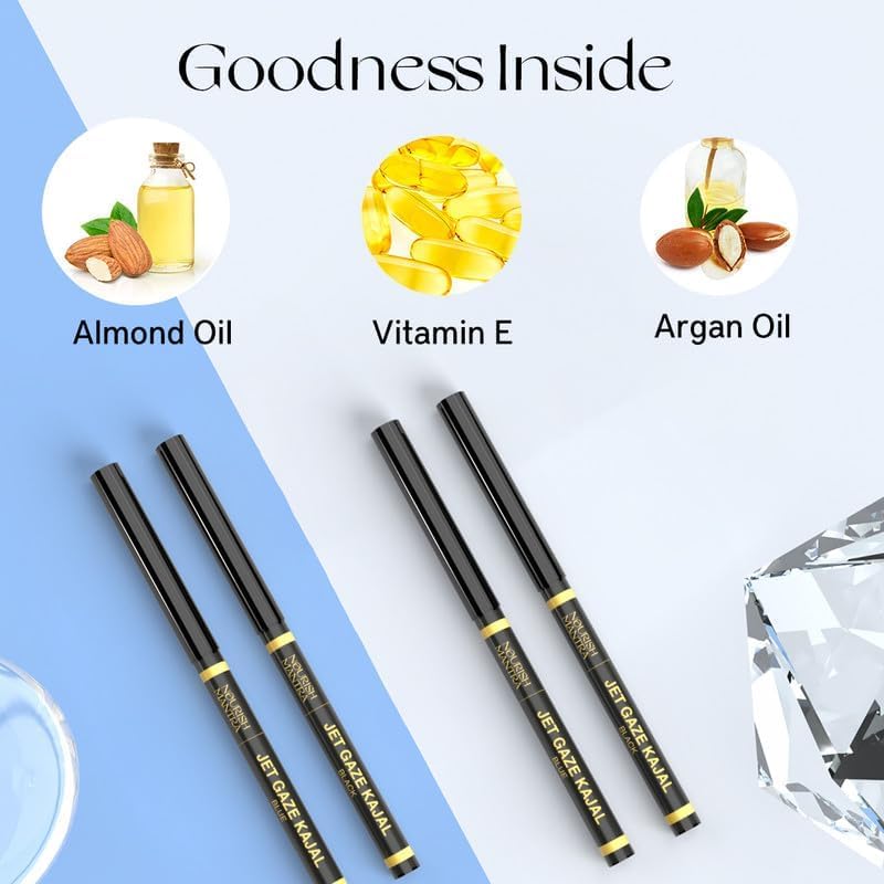 Nourish Mantra’s Jet Gaze Kajal Urban Rani - Combo - Black & Blue 0.35g/ Made Argan Oil & Vitamin E/Intense Pigmentation/Long Lasting/Retractable Kajal Pencils