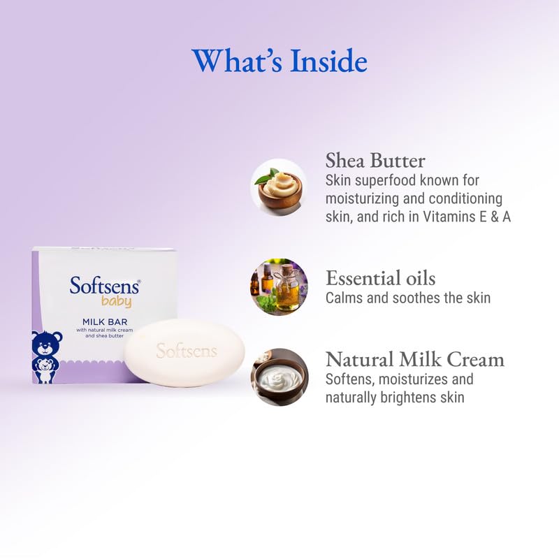 Softsens Baby Moisturizing Milk Soap Bar Enriched with Natural Milk Cream & Shea Butter I Dermatologically Tested & Paraben Free for Baby Skin- Pack of 1 (100 gms x 3)