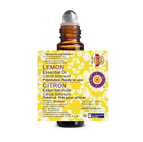 Deve Herbes Lemon Essential Oil (Citrus limonum) Pre Diluted Ready to Use Roll-on Blend for Aromatherapy and Topical Skin Application for Kids and Adults 10ml