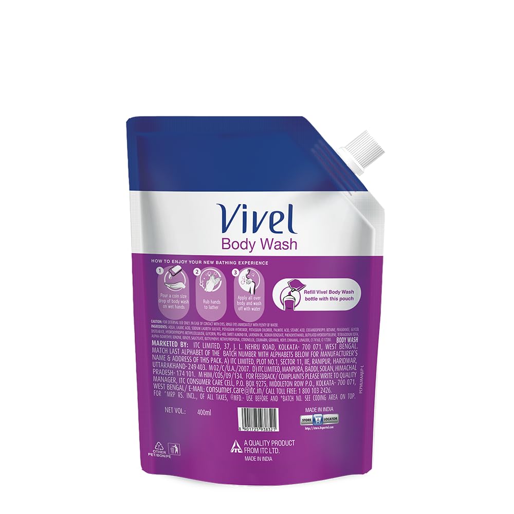 Vivel Fragrant Body Wash, Lavender & Almond Oil Shower Gel, 400 ml Supersaver Refill Pouch, Moisturizing Bodywash, Soft & Smooth Skin, Effective Cleansing, For Women & Men (Pack of 2)