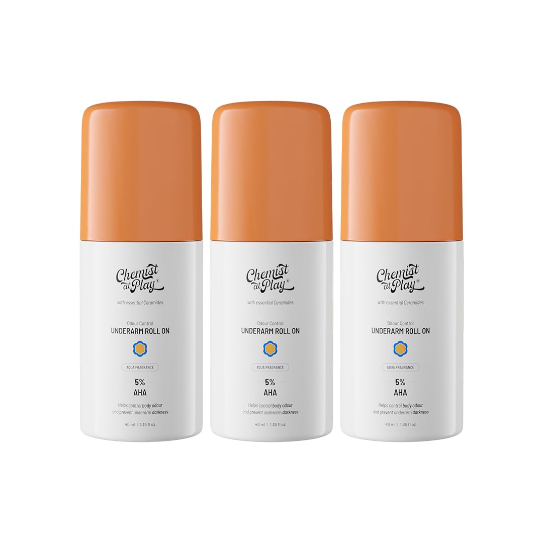 Chemist at Play Under-Arm Roll On With 4% Lactic Acid & 1% Mandelic Acid, Prevents Odour, Brightens Skin & Exfoliates Underarm, Aqua Fragrance For Unisex, 40ml (Pack Of 3)