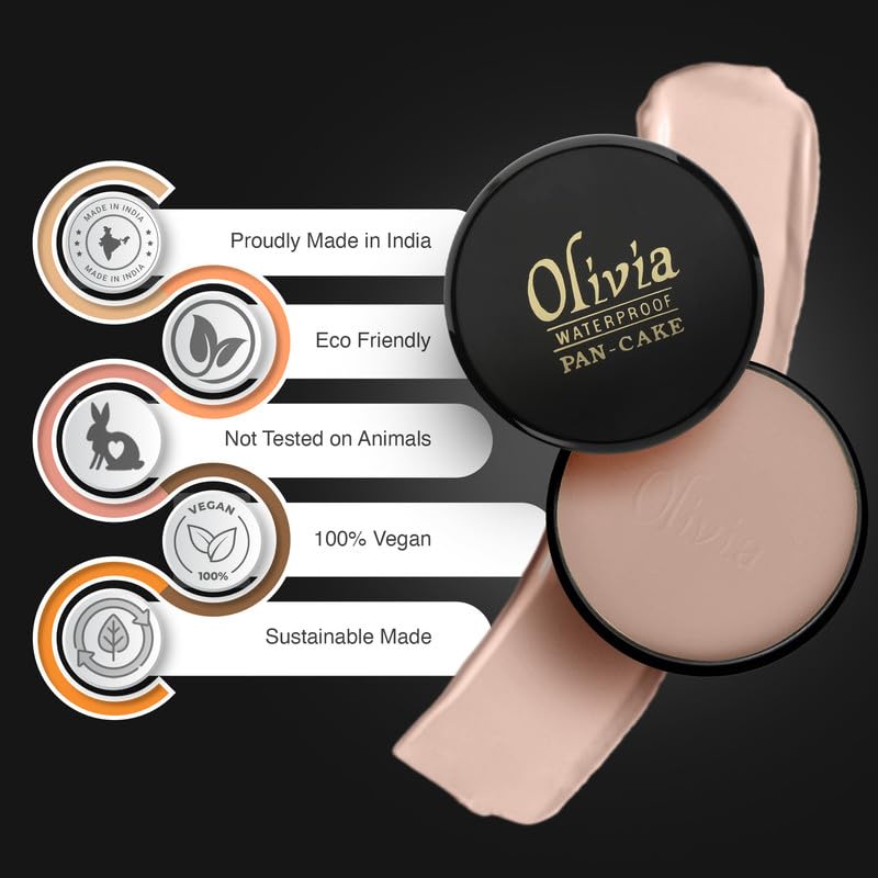 Olivia Pan Cake 100% Waterproof Foundation & Makeup Concealer | Long-Lasting Sweatproof Base Makeup | Smudge-Proof, Paraben-Free Formula | For All Skin Types | Bronze Glow - 22 | 25g
