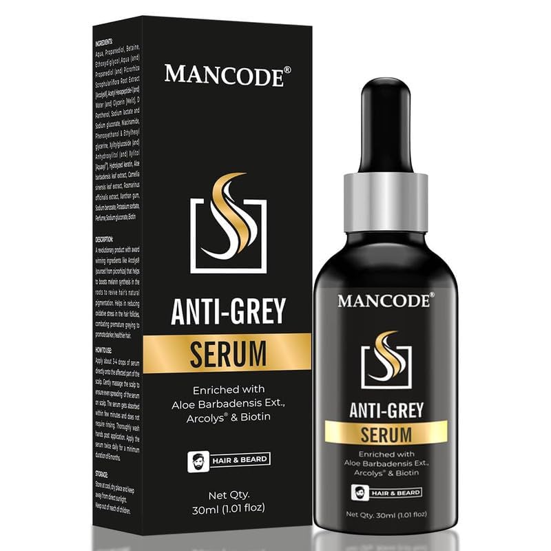 Mancode Anti Grey Serum | Restore Natural Black Color of Grey White Hair & Beard | Delay & Reverse Grays | Strengthen Hair Roots | Toxin Free | For All Hair Types - 30ml