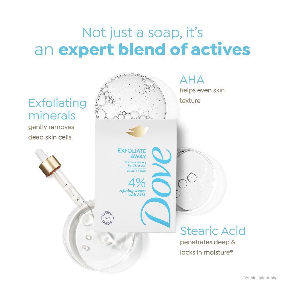 Dove Exfoliate Away Serum Beauty Bar | 4% Refining Serum + AHA | Micro-polishes for silkier skin | Paraben & SLS free | 375g (125g x 3)