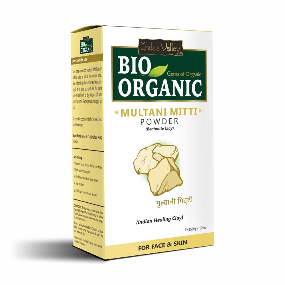 INDUS VALLEY Bio Organic Multani Mitti Powder For Skin, Hair | Fuller's Earth | Bentonite Clay For Glowing Skin, (300g+50g)